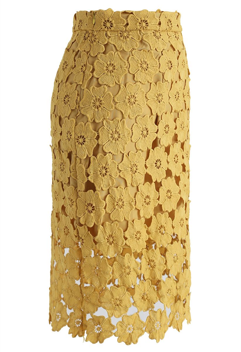 Delicate Full Floral Crochet Pencil Skirt in Yellow