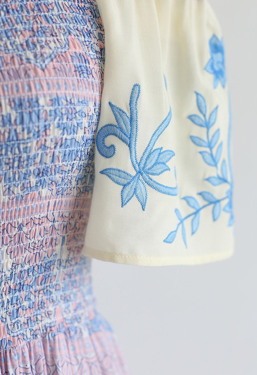 Blue and White Porcelain Floral Off-Shoulder Dress
