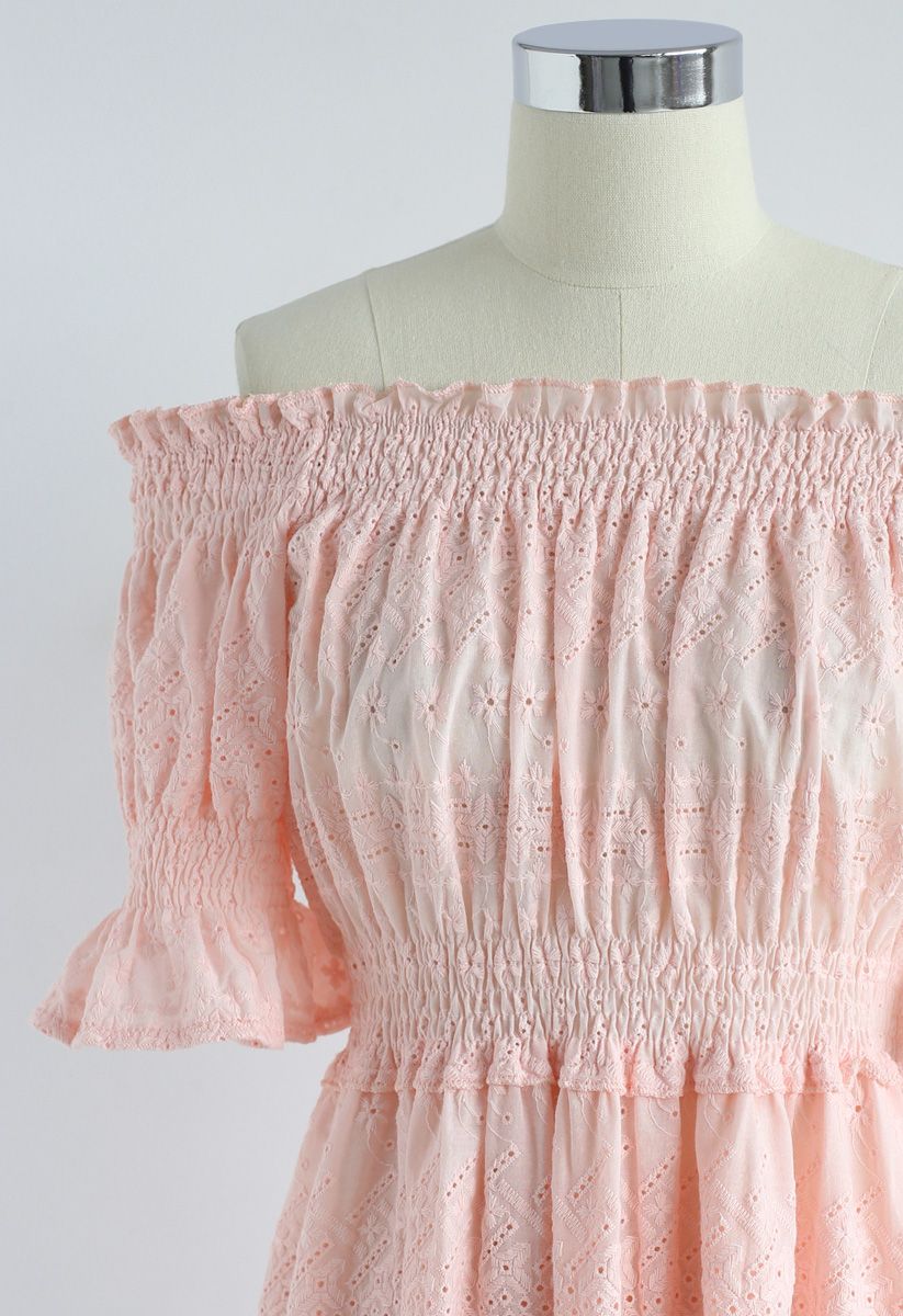 Floret Embroidered Off-Shoulder Dress in Pink