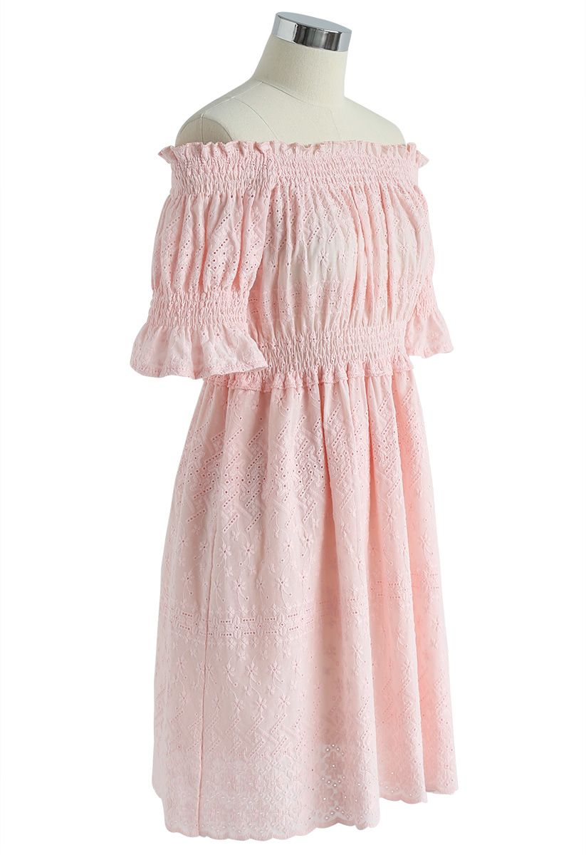 Floret Embroidered Off-Shoulder Dress in Pink
