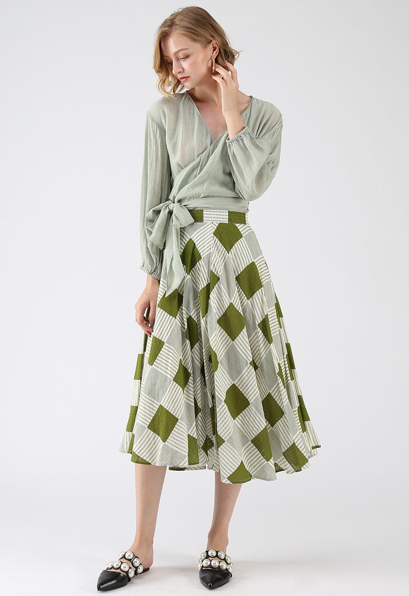 Fresh For Summer Check Midi Skirt in Green
