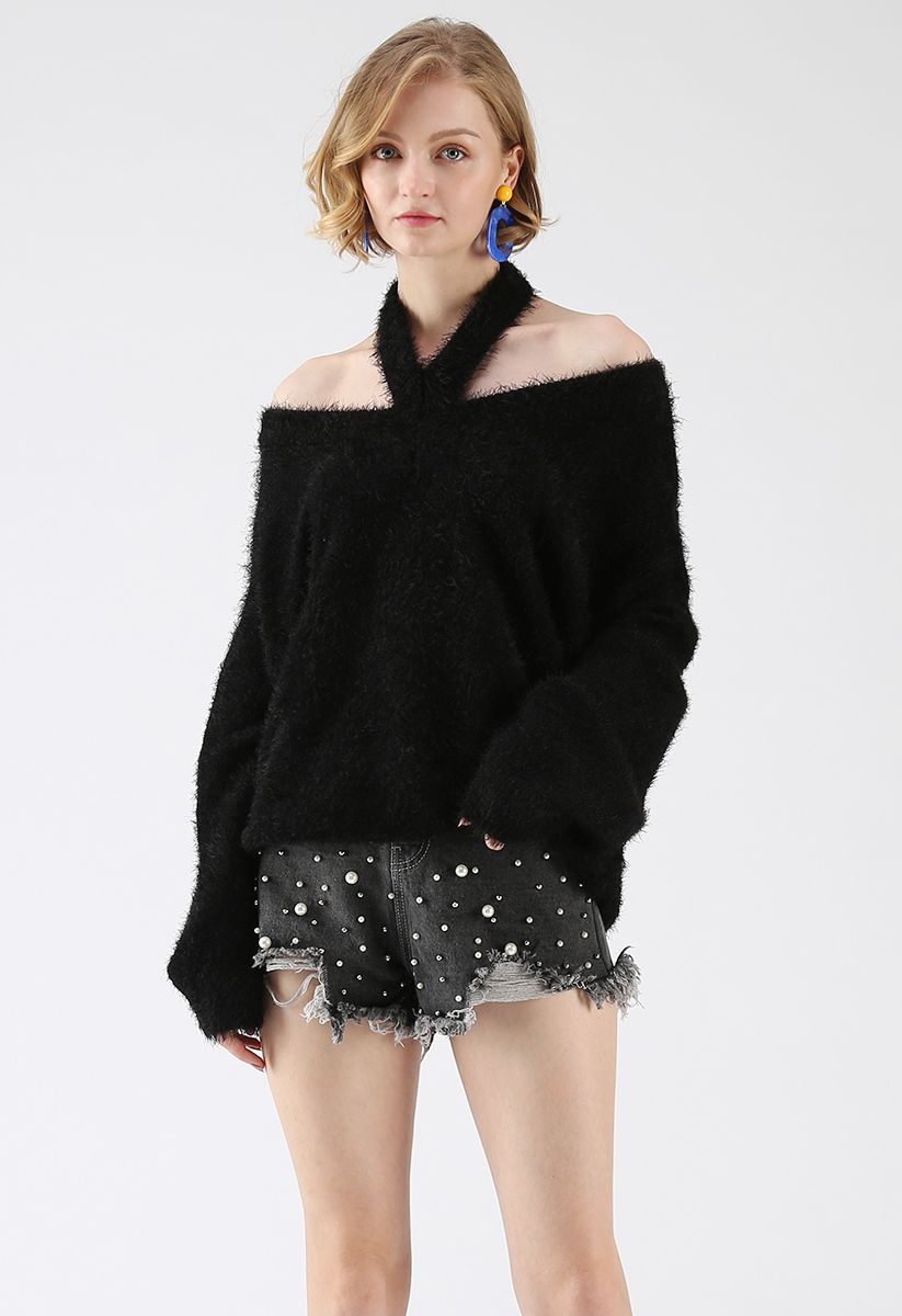 Keep Me Cozy Fluffy Cold-Shoulder Knit Sweater in Black