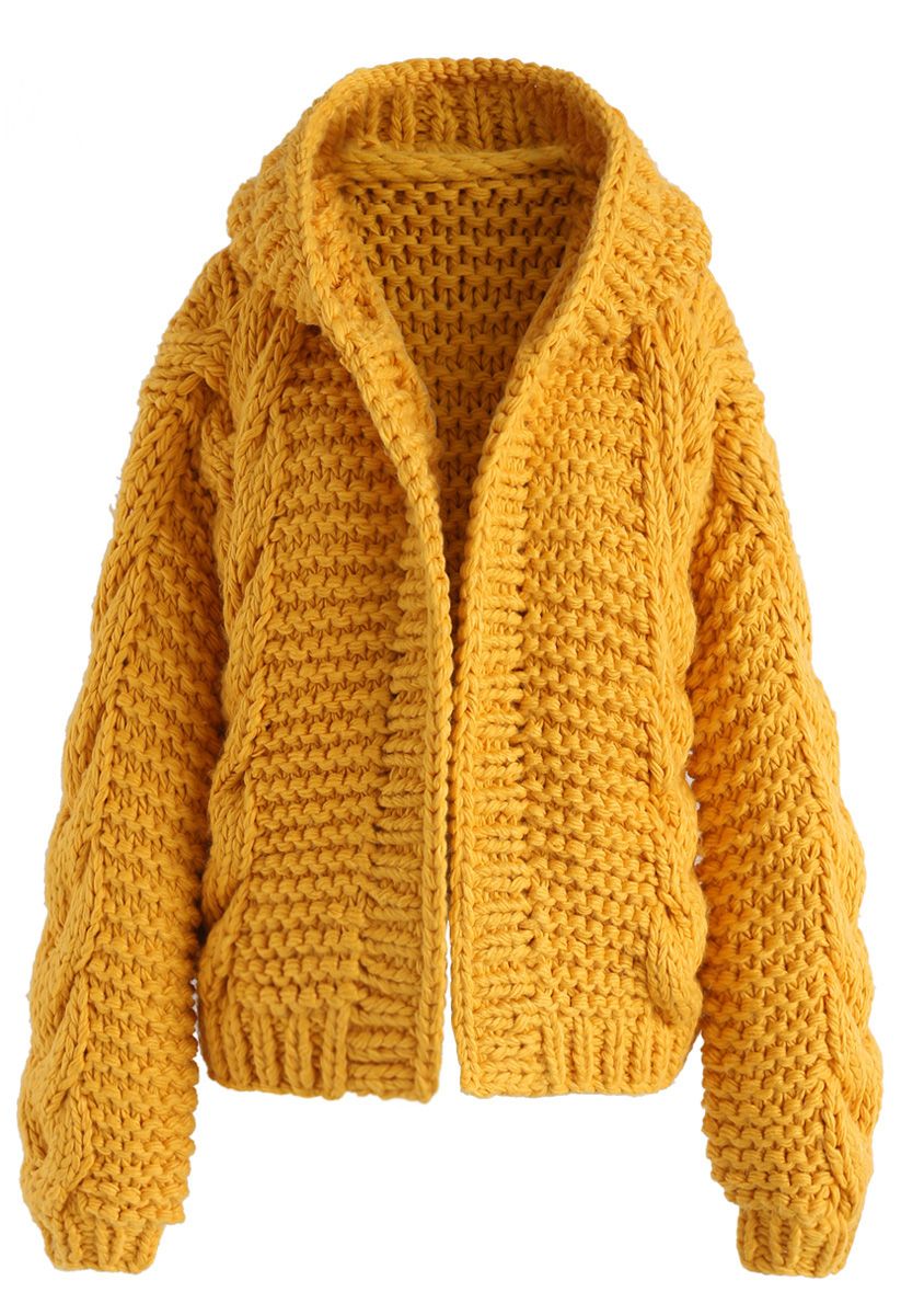 All-Over Warmth Hooded Chunky Cardigan in Mustard - Retro, Indie and ...
