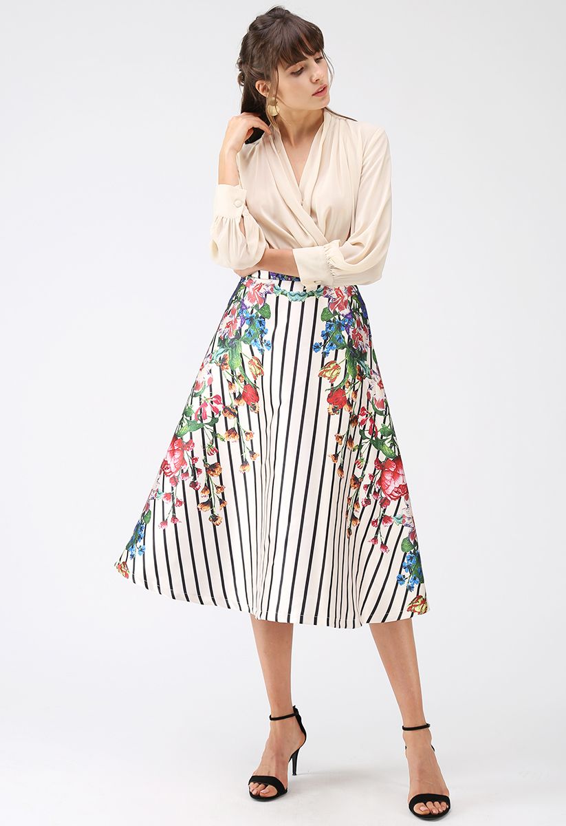 Flourish in Stripes Floral Printed Midi Skirt