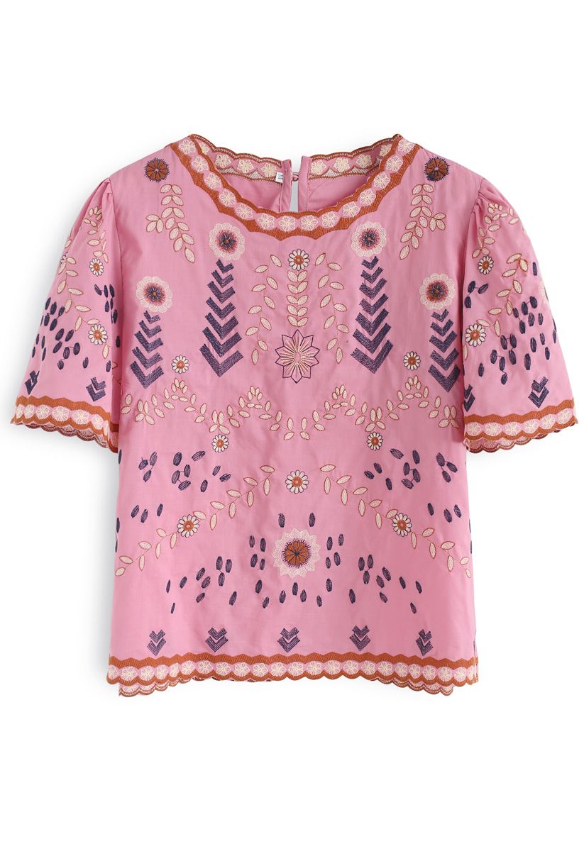 Adorable Boho Style Embroidered Top in Pink 