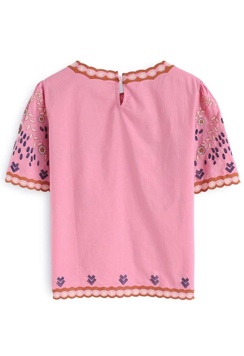 Adorable Boho Style Embroidered Top in Pink 