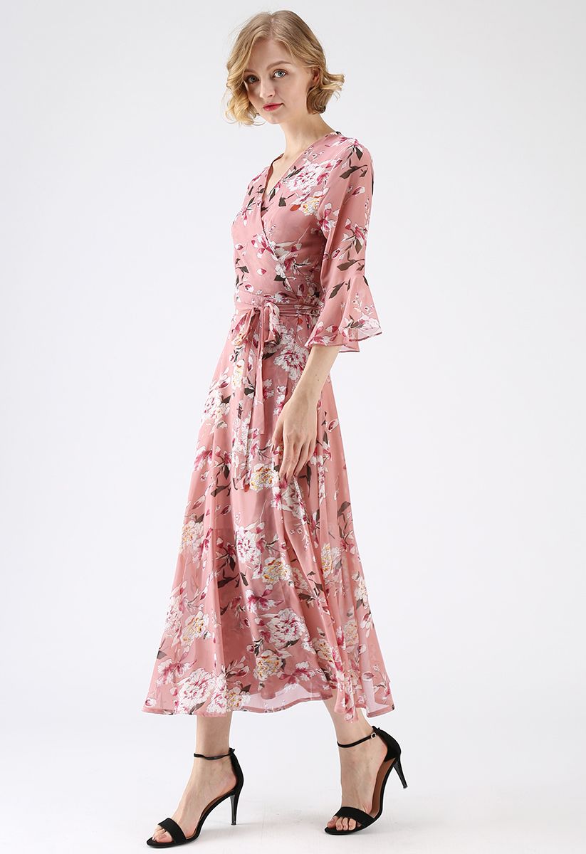Endless Bloom Wrap Floral Chiffon Dress in Pink