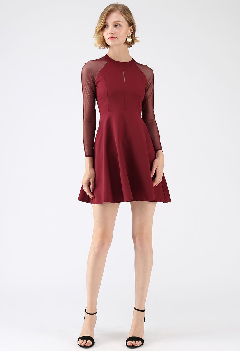 Elegant Edition Mesh Sleeves Dress in Red