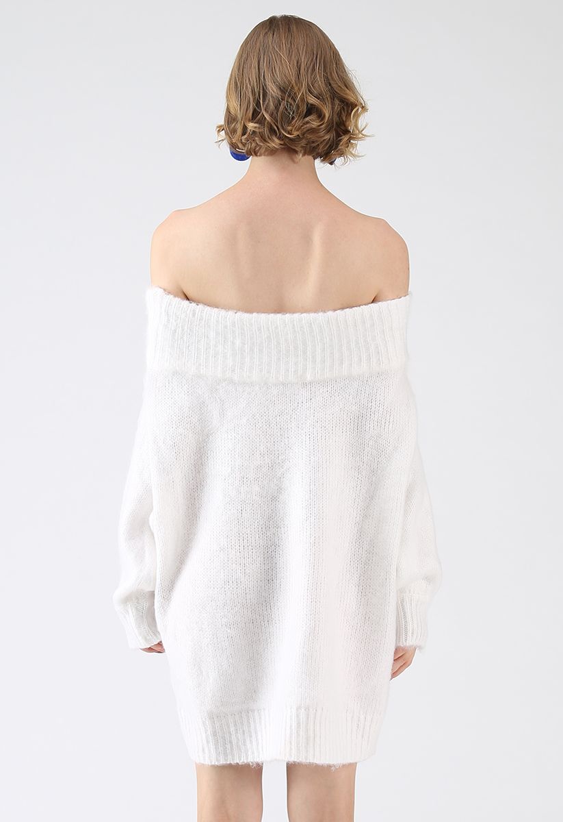 Recording Dreams Off-Shoulder Longline Sweater in White