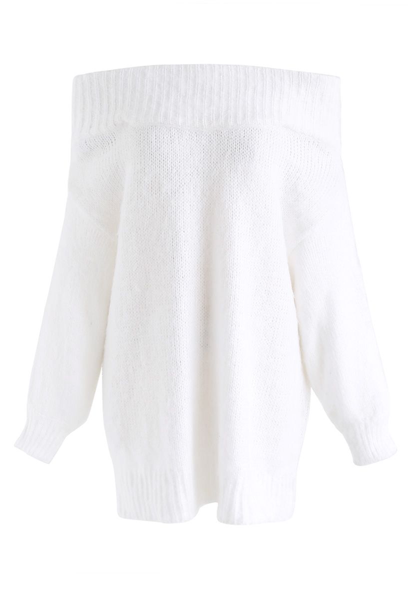 Recording Dreams Off-Shoulder Longline Sweater in White
