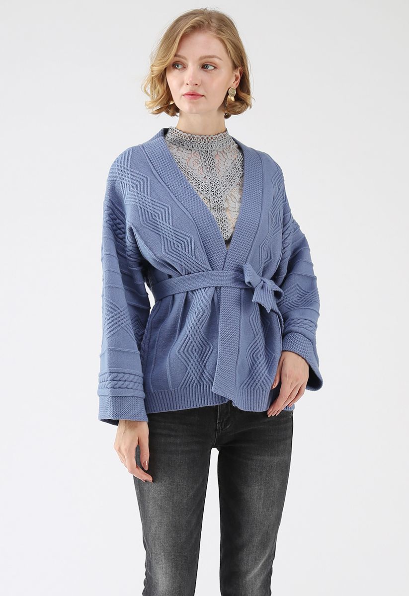 Tenderly Warm Cable Knit Cardigan in Dusty Blue