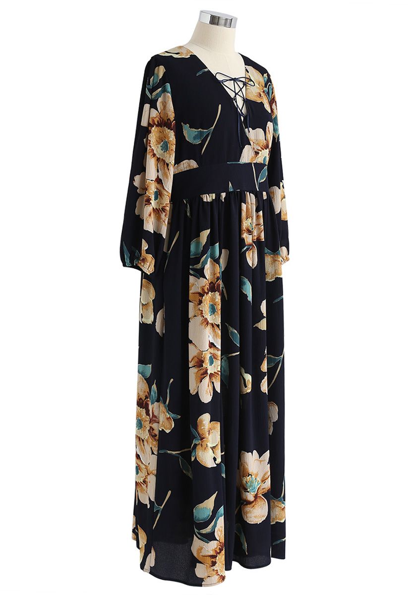 Sweet Things Floral Chiffon Maxi Dress in Navy