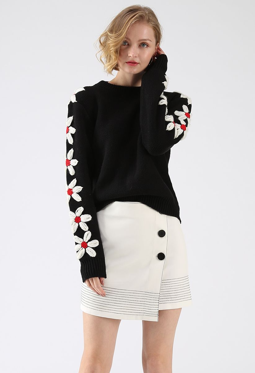 Daisy Bloom on Sleeves Knit Sweater in Black