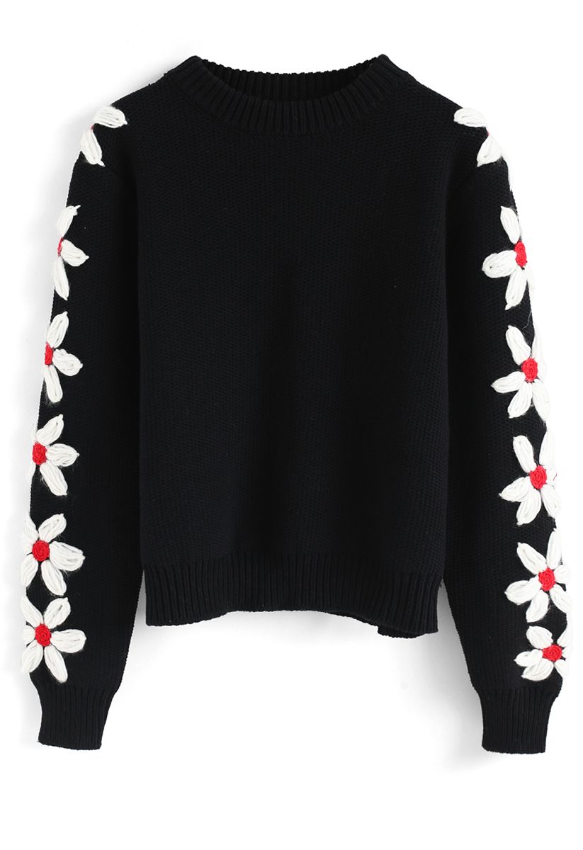 Daisy Bloom on Sleeves Knit Sweater in Black