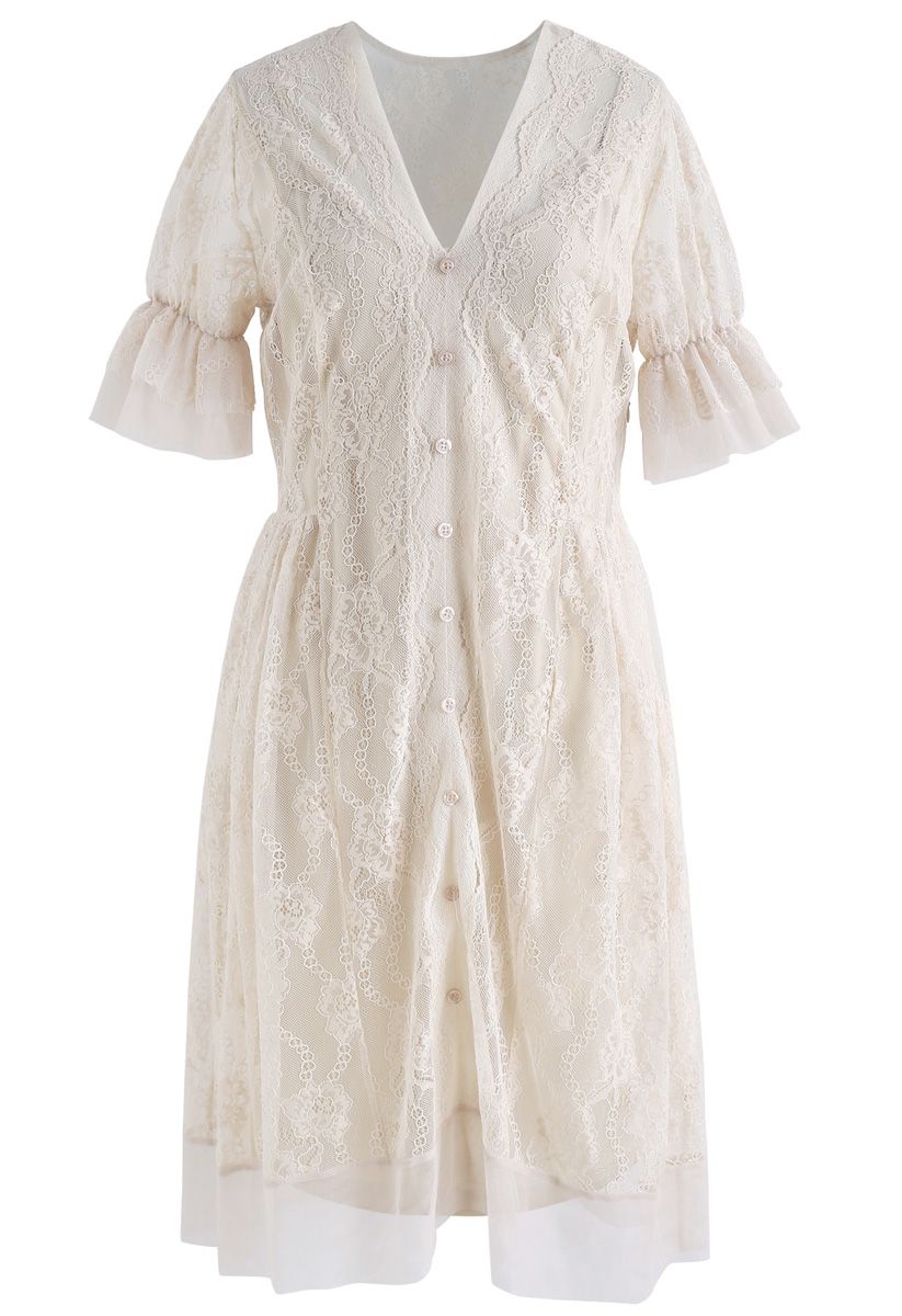 Sing Me to Sleep V-Neck Lace Dress in Cream