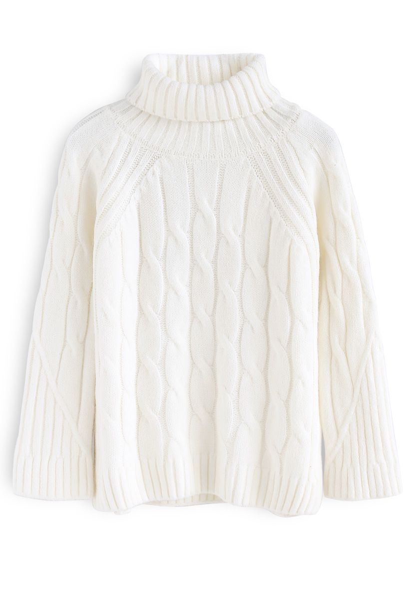 Versatile Turtleneck Cable Knit Sweater in Ivory