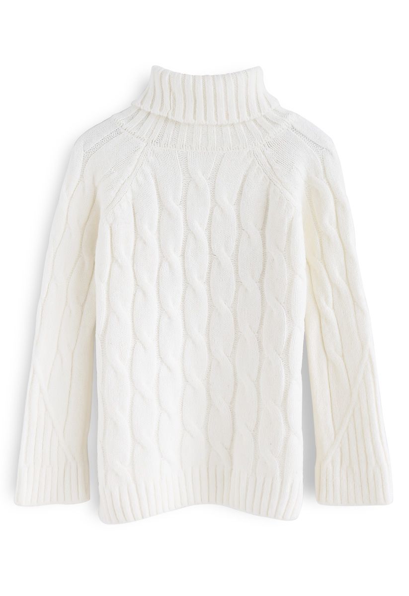 Versatile Turtleneck Cable Knit Sweater in Ivory
