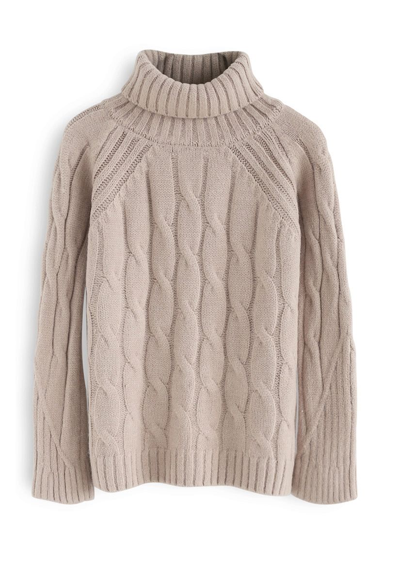 Versatile Turtleneck Cable Knit Sweater in Tan