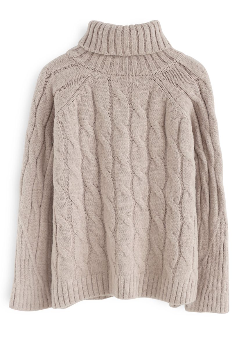 Versatile Turtleneck Cable Knit Sweater in Tan