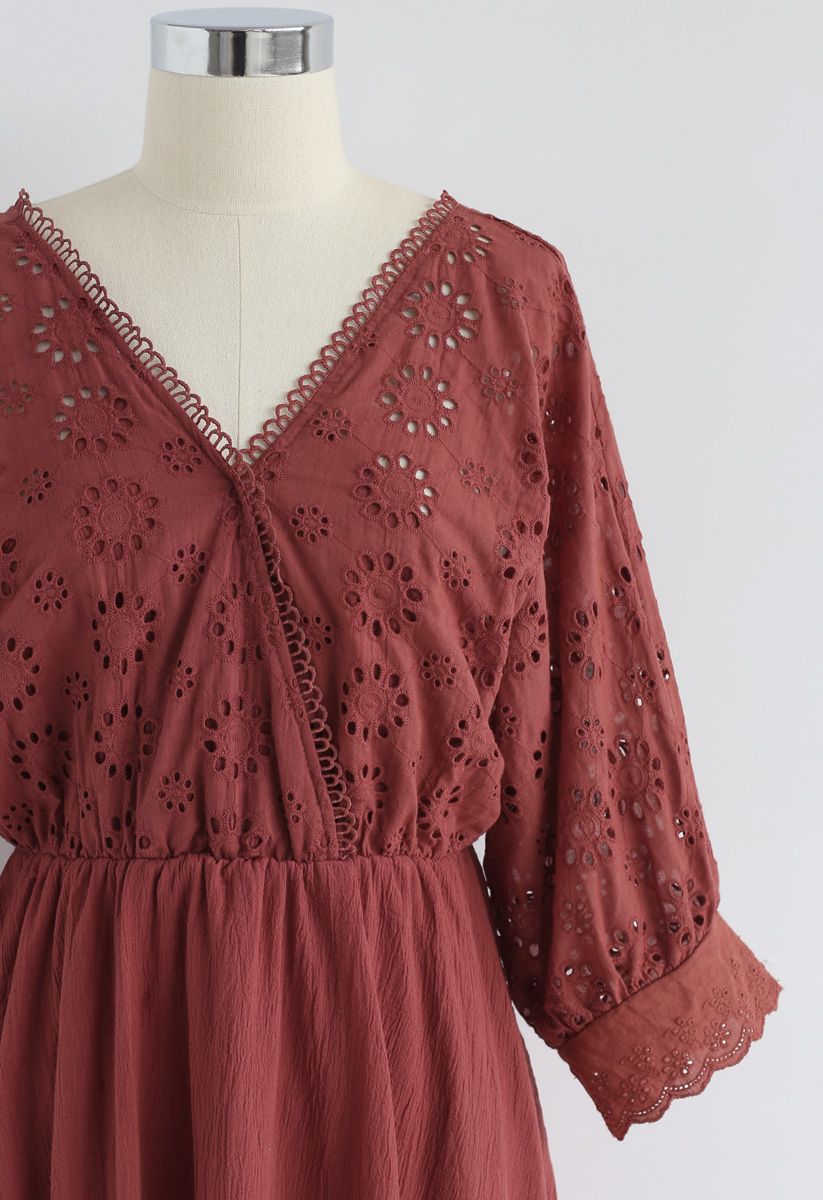 Sunkissed Glow Wrap Embroidered Dress in Red