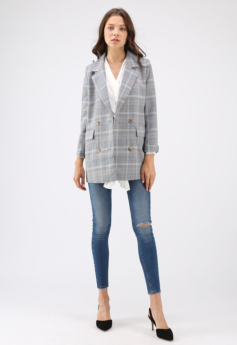 That's It Double-Breasted Check Blazer in Blue