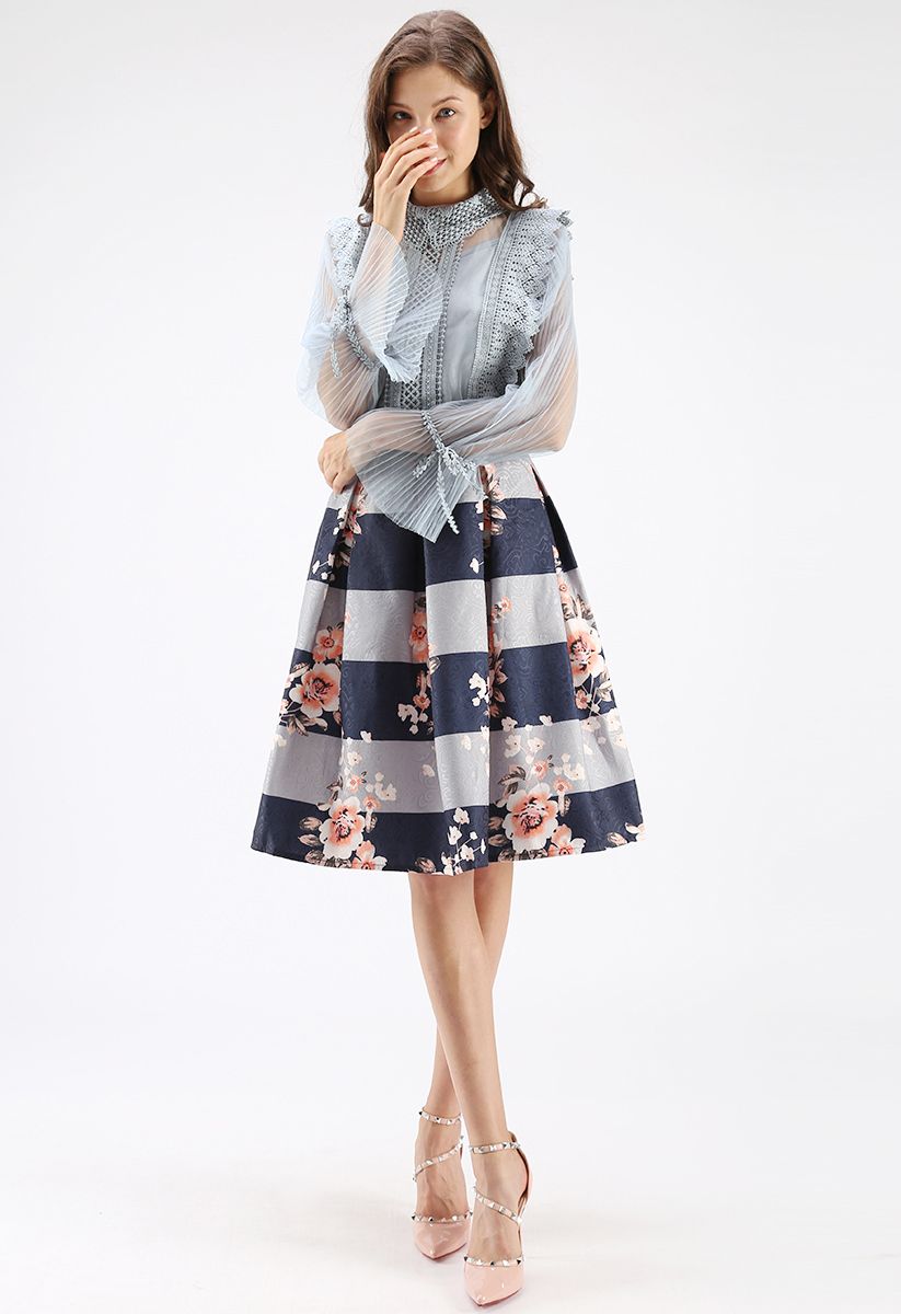 Joy to the World Stripe Floral Midi Skirt