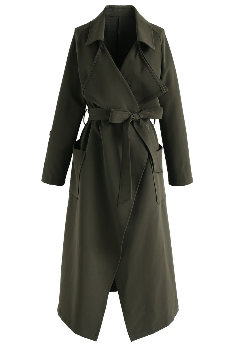 Downtown Open Front Chiffon Trench Coat in Army Green