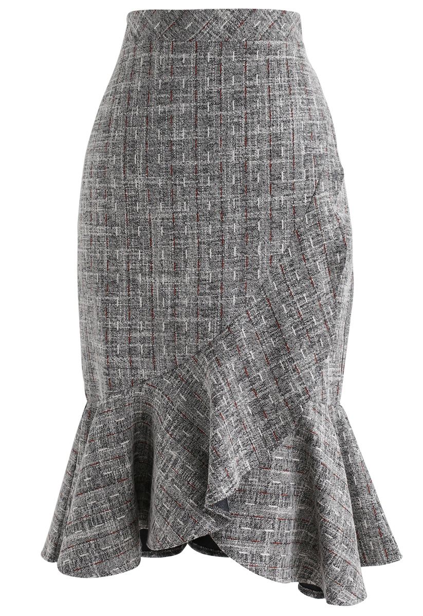 Retro Refresh Ruffle Pencil Skirt in Grey