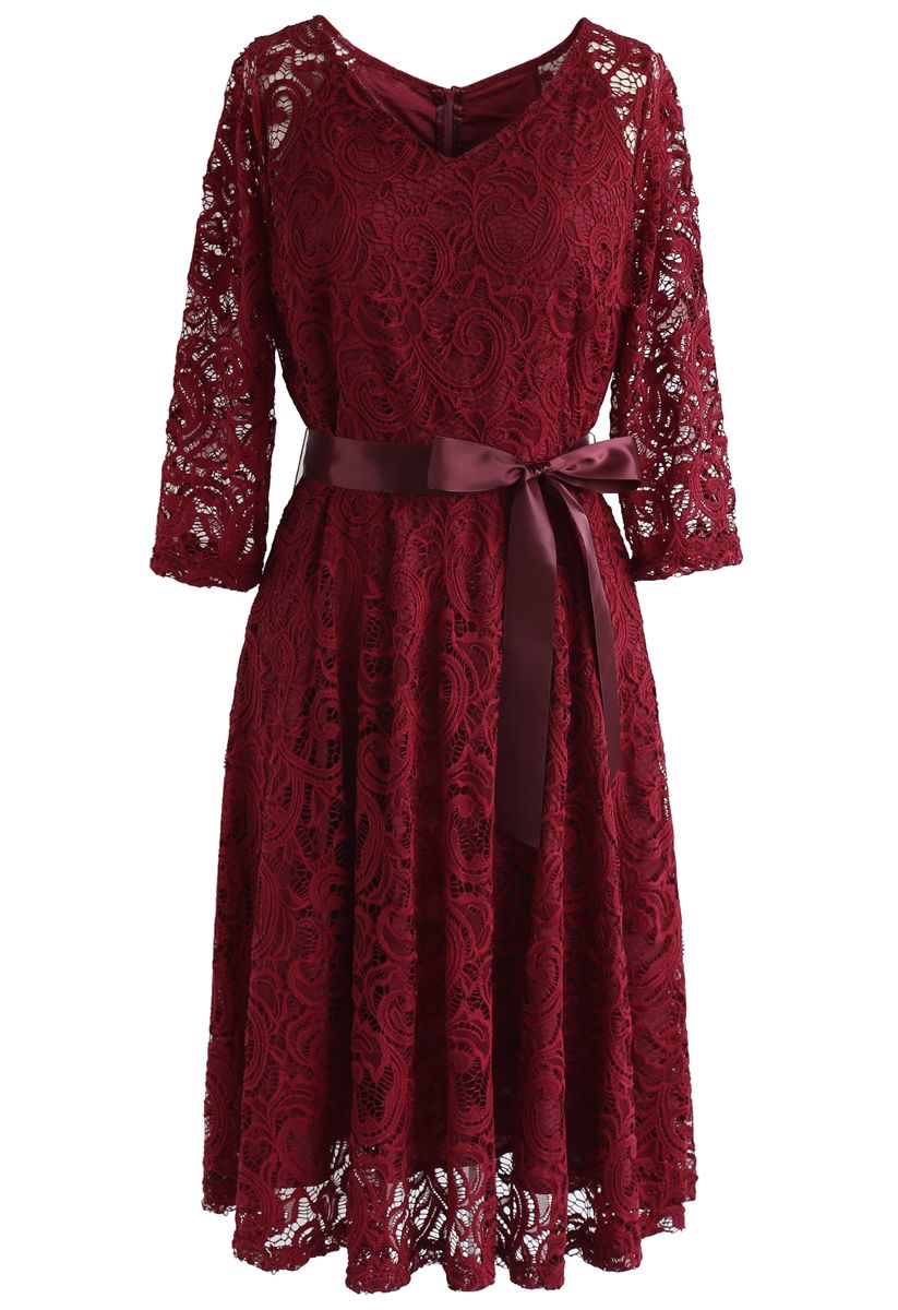 Reminisce Autumn V-Neck Lace Dress in Red