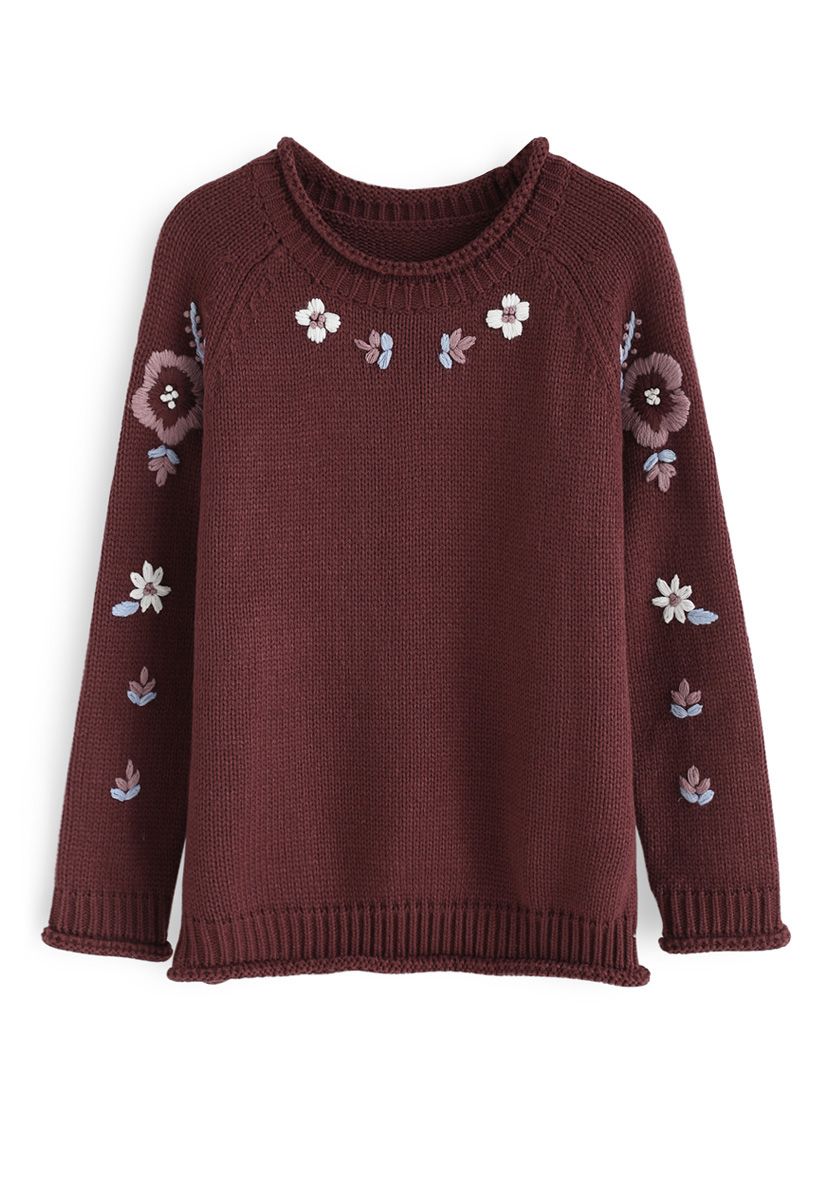 Add More Flowers Embroidered Sweater in Wine