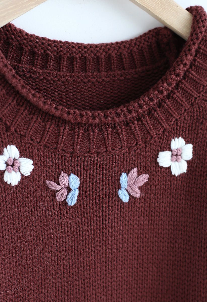 Add More Flowers Embroidered Sweater in Wine