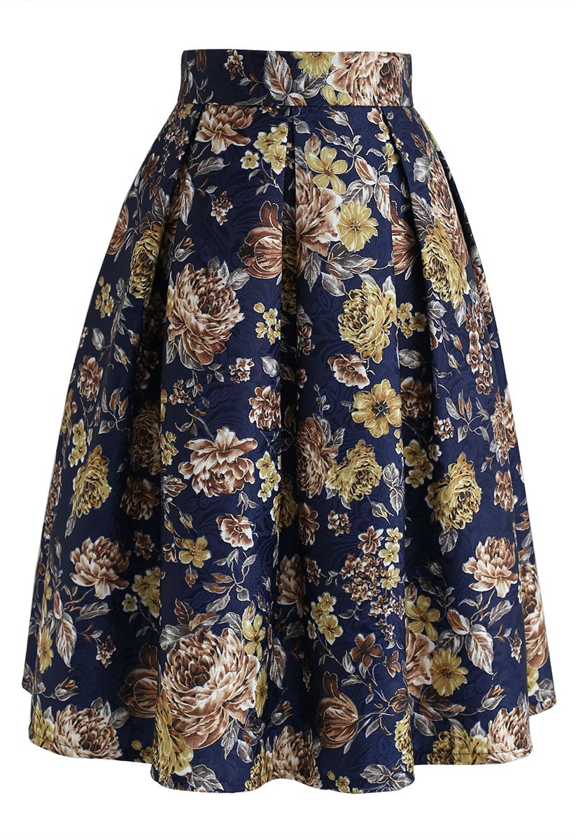 Floral Vintage Embossed Pleated Midi Skirt in Navy