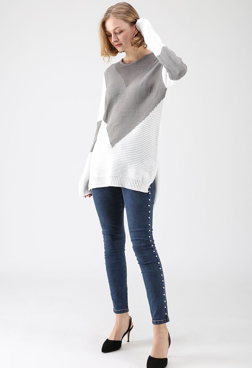 Color Blocking Longline Sweater in Grey