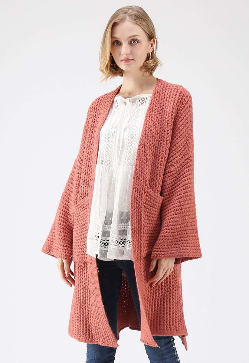 All My Love Chunky Knit Longline Cardigan in Coral