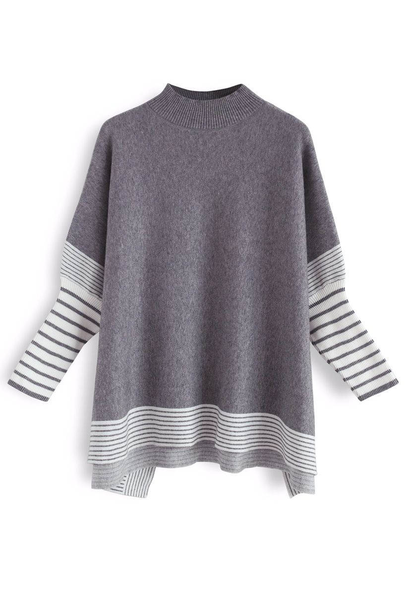 Lie in Grey Fields Striped Oversize Knit Cape Sweater - Retro, Indie ...