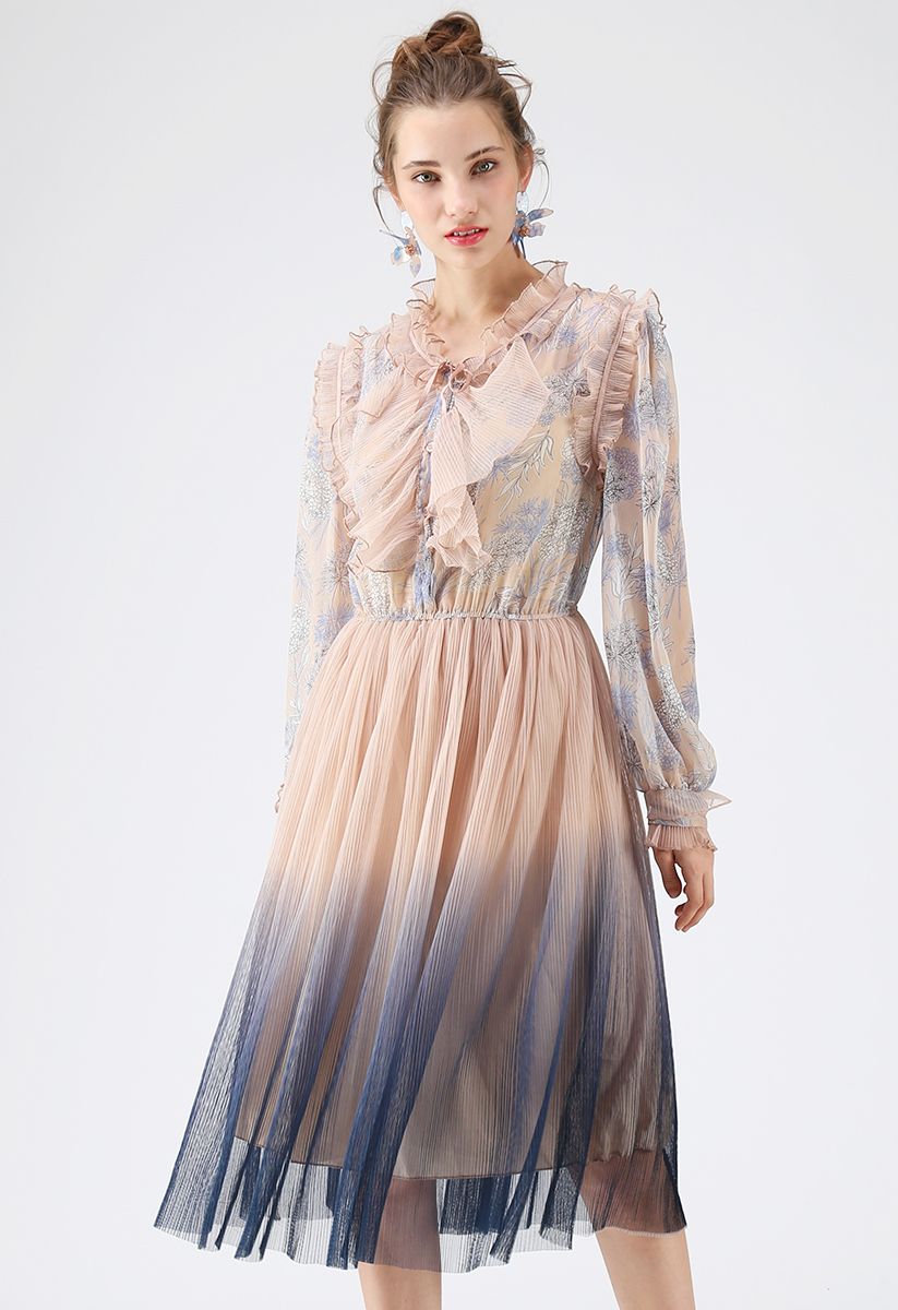 We Know It All Gradient Long Sleeves Pleated Mesh Tulle Dress