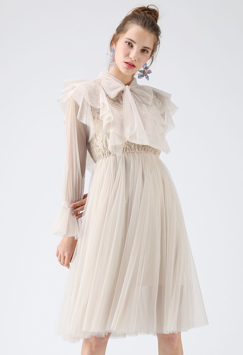 Floral and Ruffle Bowknot Tulle Dress in Cream