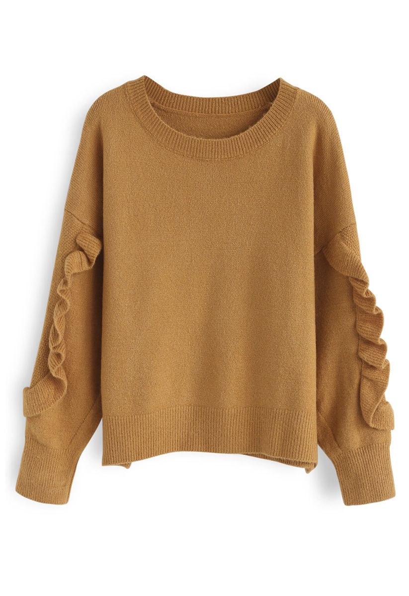 Ruffle Charm Knit Sweater in Camel