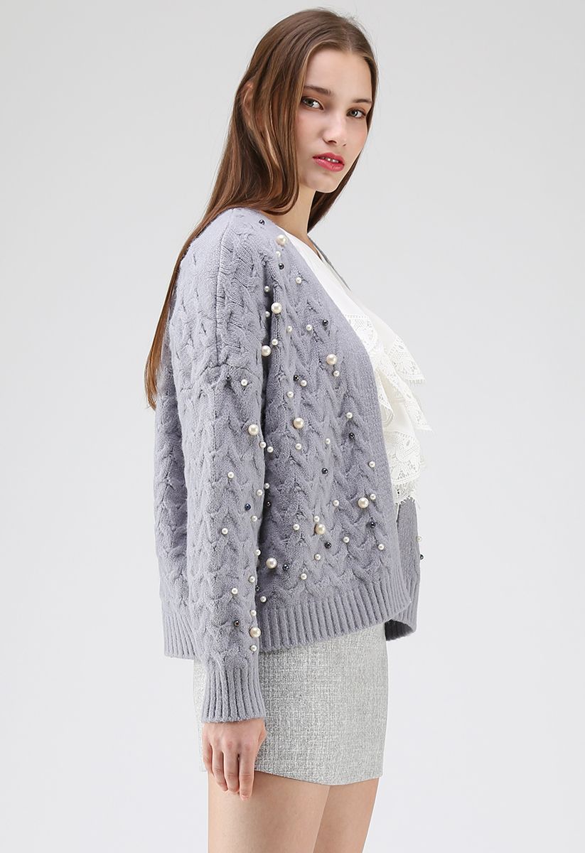 Looking at the Shining Pearls Knit Cardigan in Lavender