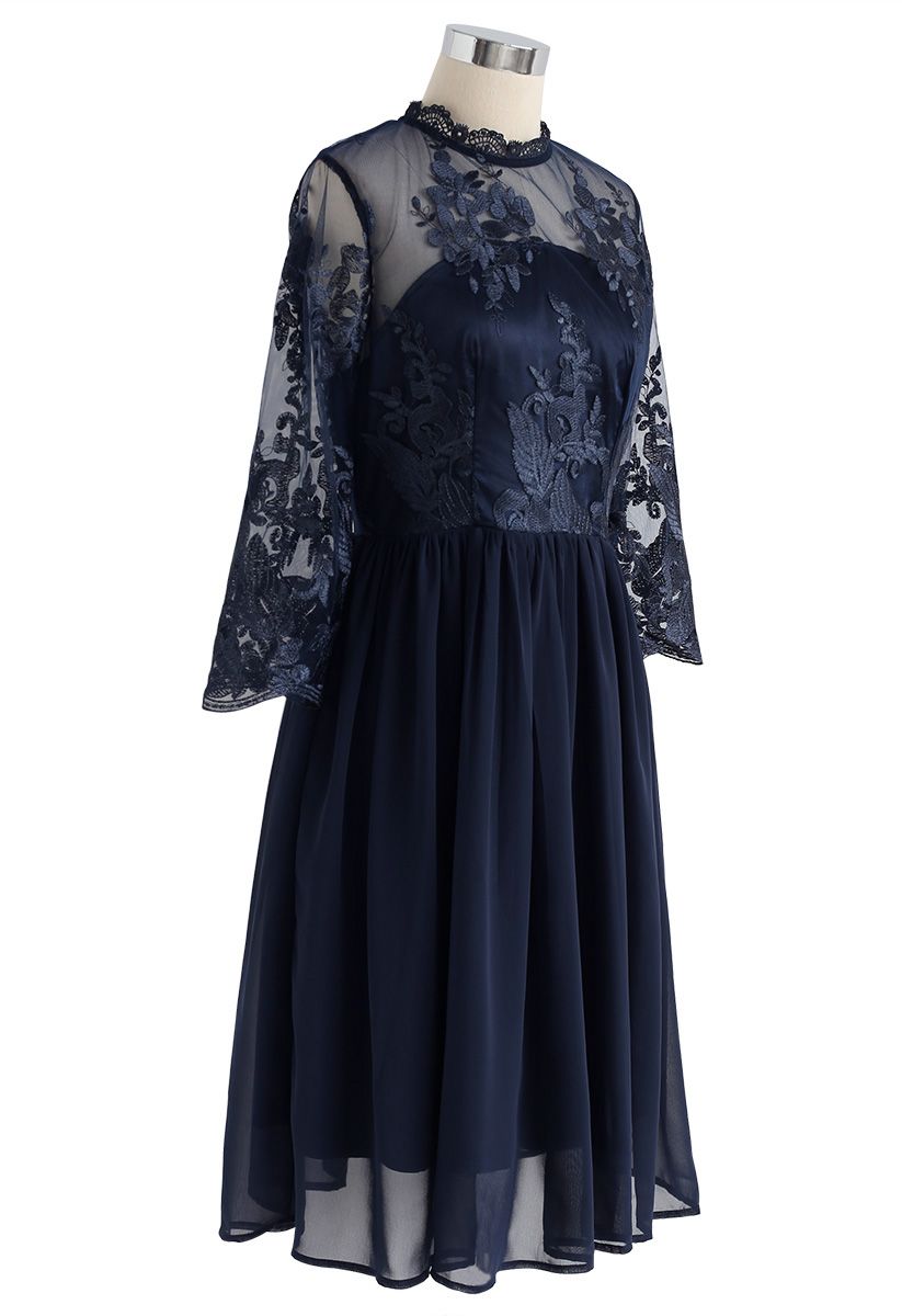 Cheery Moment Embroidered Mesh Chiffon Dress in Navy