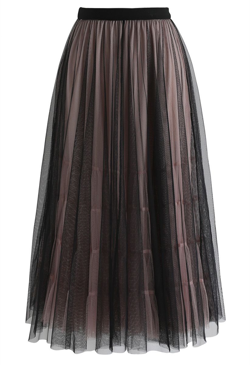 Admired Posture Mesh Tulle Midi Skirt in Black