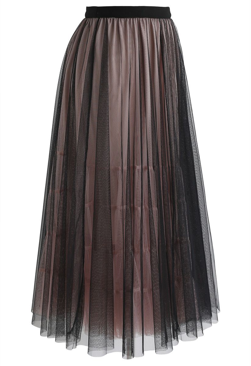 Admired Posture Mesh Tulle Midi Skirt in Black