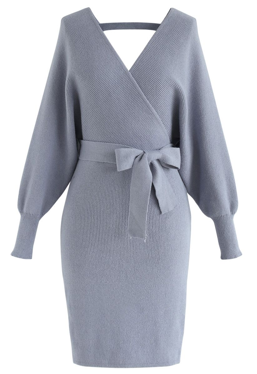 Modern Allure Wrapped Knit Dress in Dusty Blue