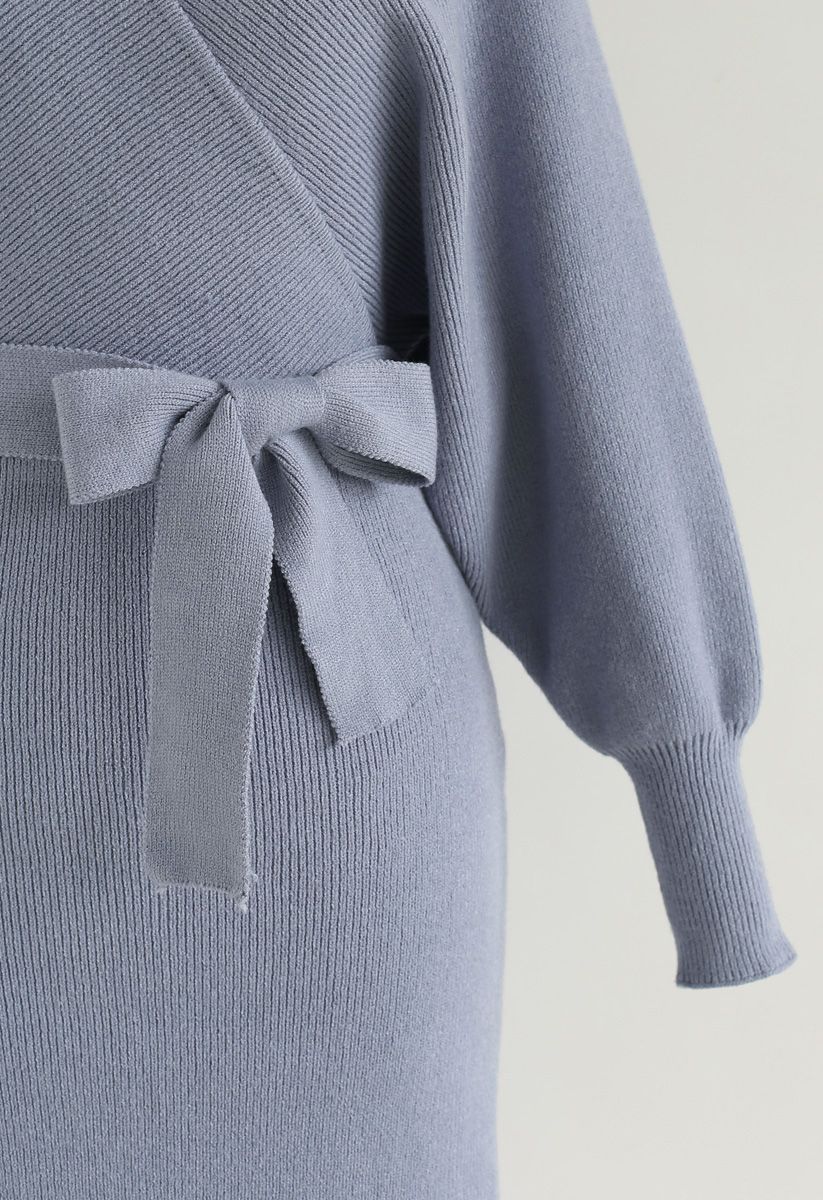 Modern Allure Wrapped Knit Dress in Dusty Blue
