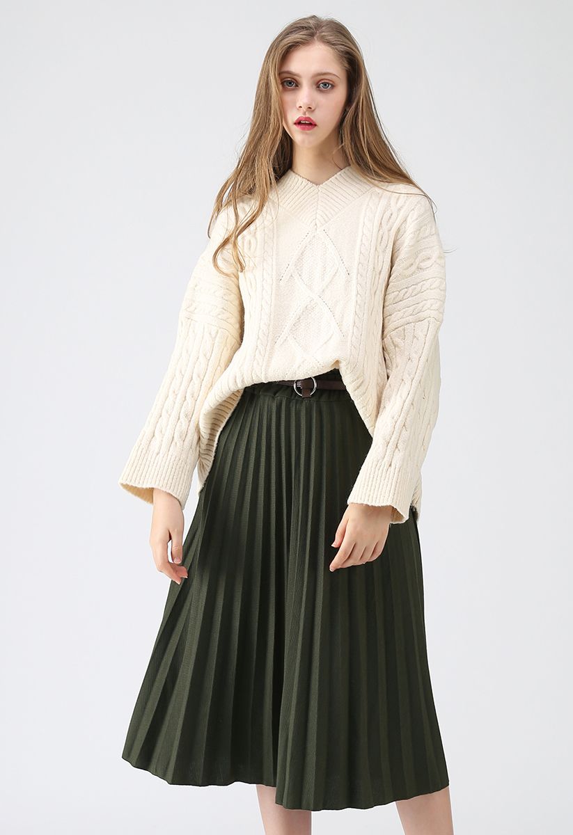 Shall We Talk Pleated Midi Skirt in Army Green