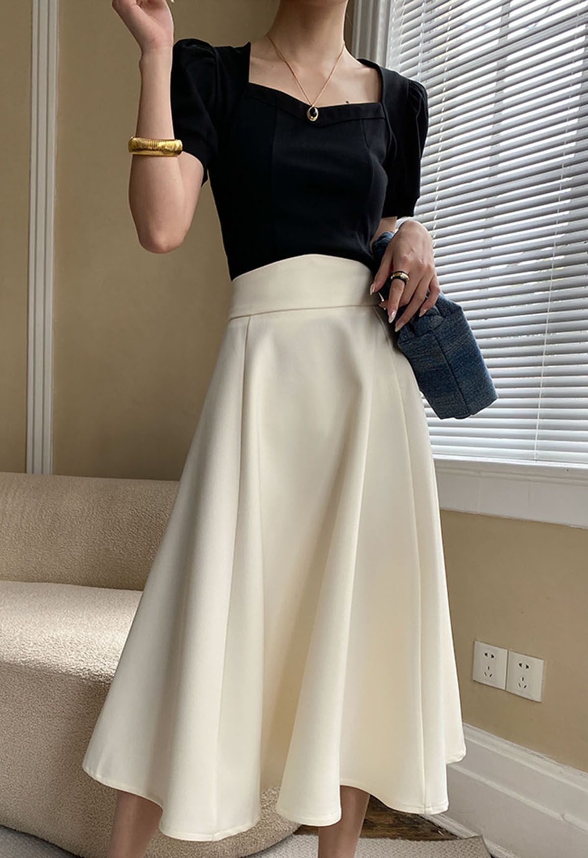 Solid Ivory High-Waist A-Line Midi Skirt