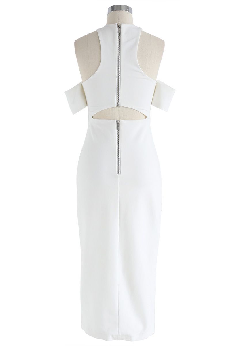 Cut-Out Cold-Shoulder Shift Dress in White