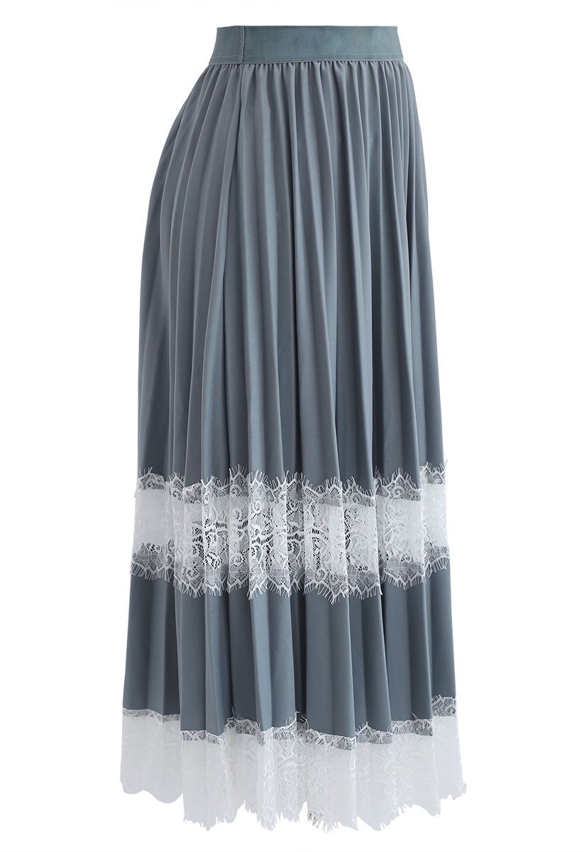Between Lace Pleated Midi Skirt in Dusty Blue
