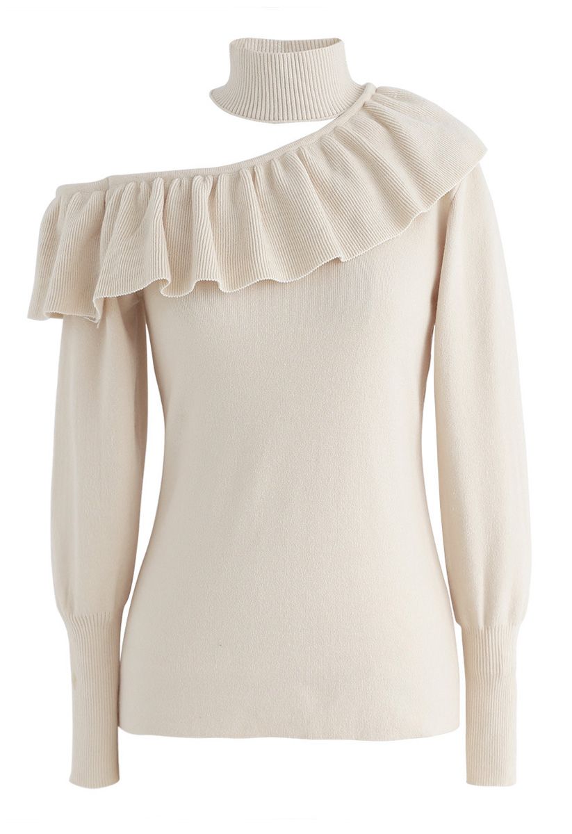 Reminiscent of Ruffle One-Shoulder Knit Top in Cream 