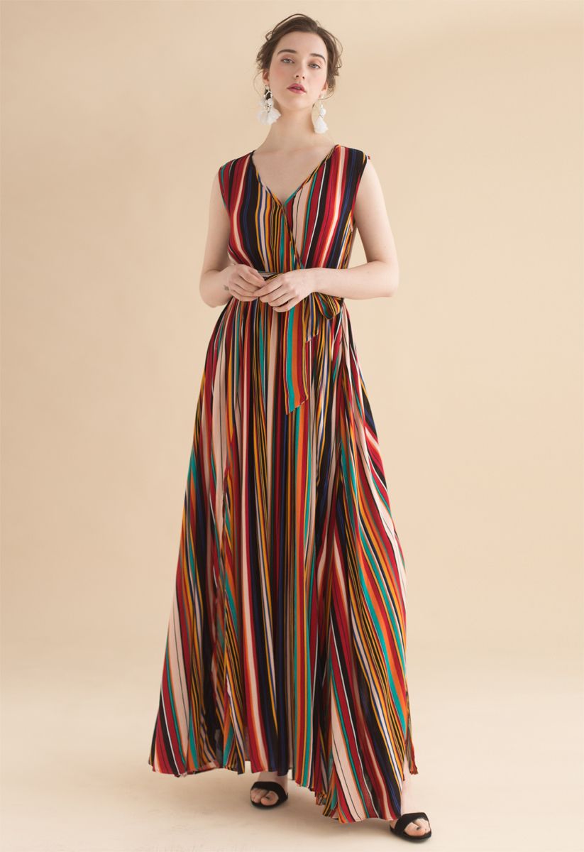 Elegance Keeper Stripes V-Neck Maxi Dress in Wine